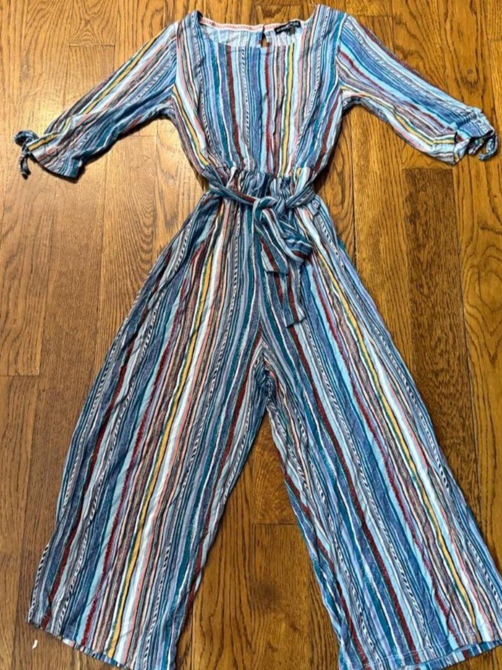 My Michelle multicoloured striped jumpsuit with tie front and wide leg. Size L #